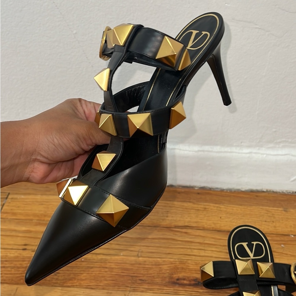 Valentino Black Heels with Gold Pyramid Studs
